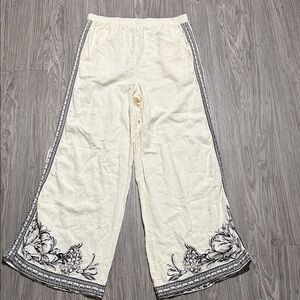 Max Studio London Wide Leg Linen Elastic Waist Draw String Pants Ivry/Nvy Large